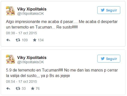 Vicky Xipolitakis relató en Twitter su temor por el sismo ocurrido en Salta- Vicky Xipolitakis relató en Twitter su temor por el sismo ocurrido en Salta
