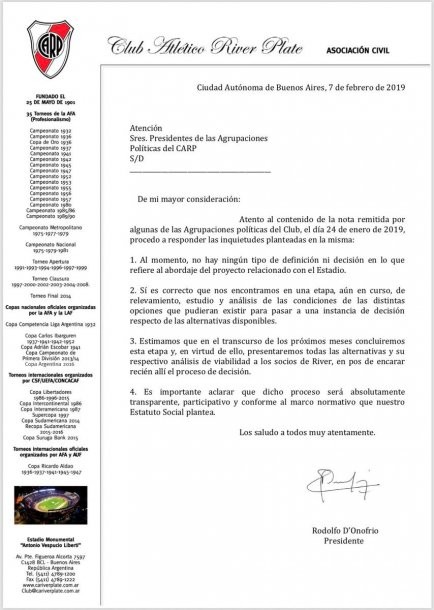 River aclaró los rumores sobre el nuevo Monumental