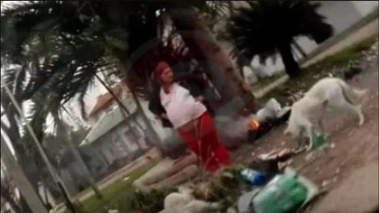 Cocina gatos y perros y los come en una plaza